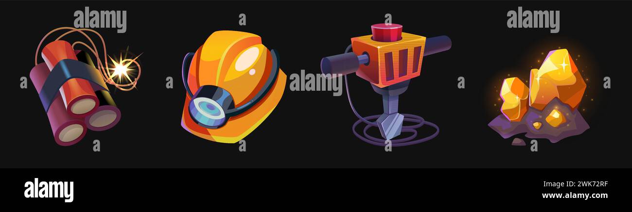 Game ui icons of gold mine tools. Cartoon vector illustration set of treasure hunt assets - glowing nuggets of gold in stone, drill machine and helmet with lantern, dynamite with lighted wick. Stock Vector