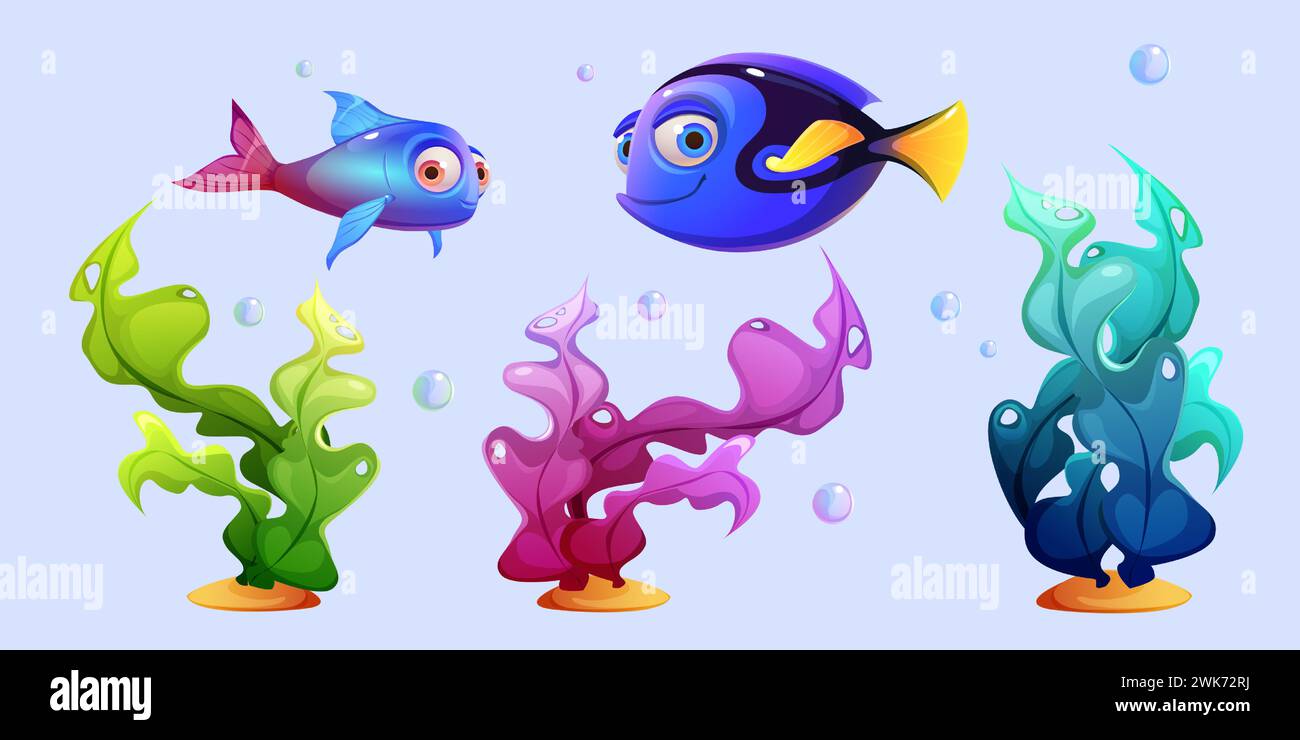 Cute cartoon fish and seaweed in sand. Vector illustration set of ...