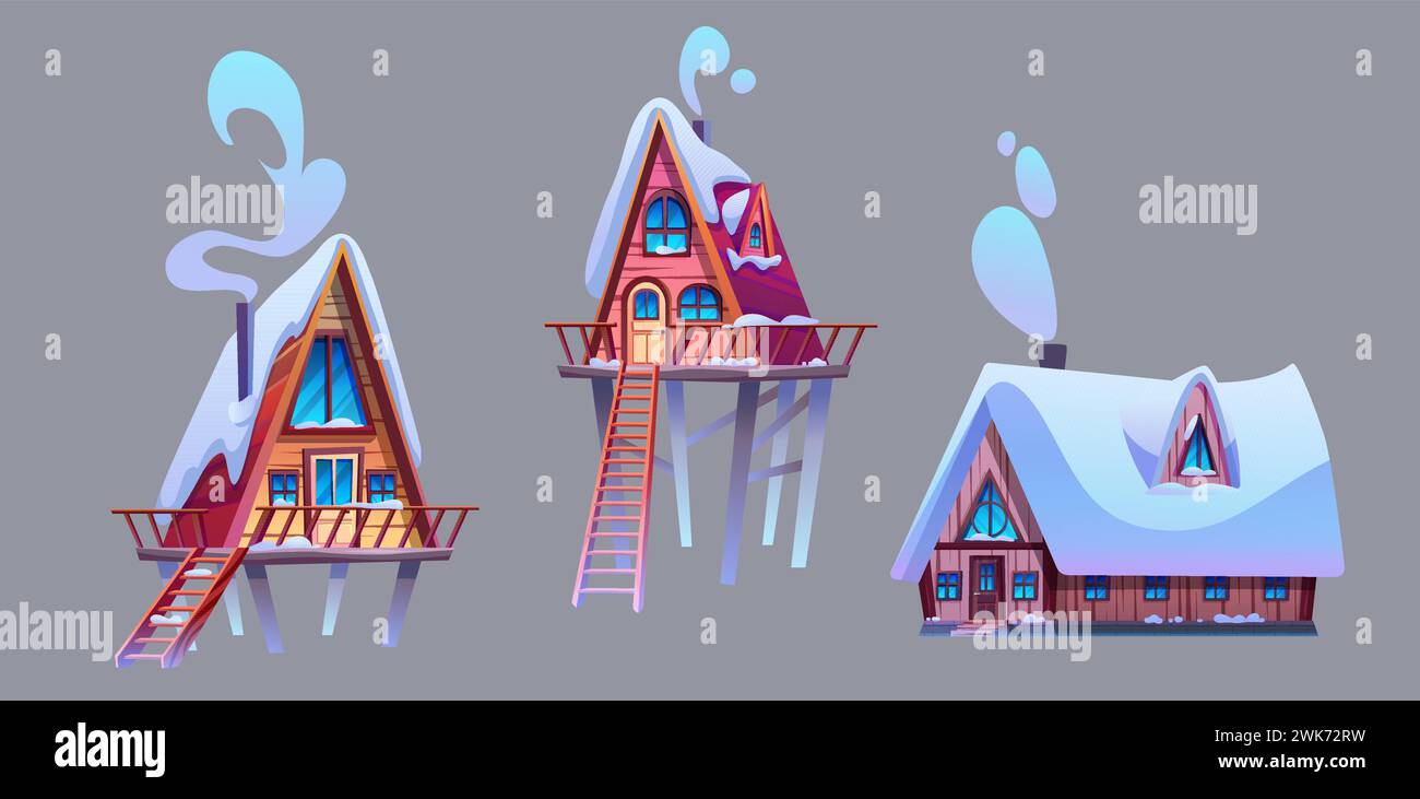 Wooden cabin with porch on pillars, roof covered with snow and chimney with smoke. Cartoon vector set of small triangular wood house for mountain or forest resort and camping. Cozy snowy chalet. Stock Vector