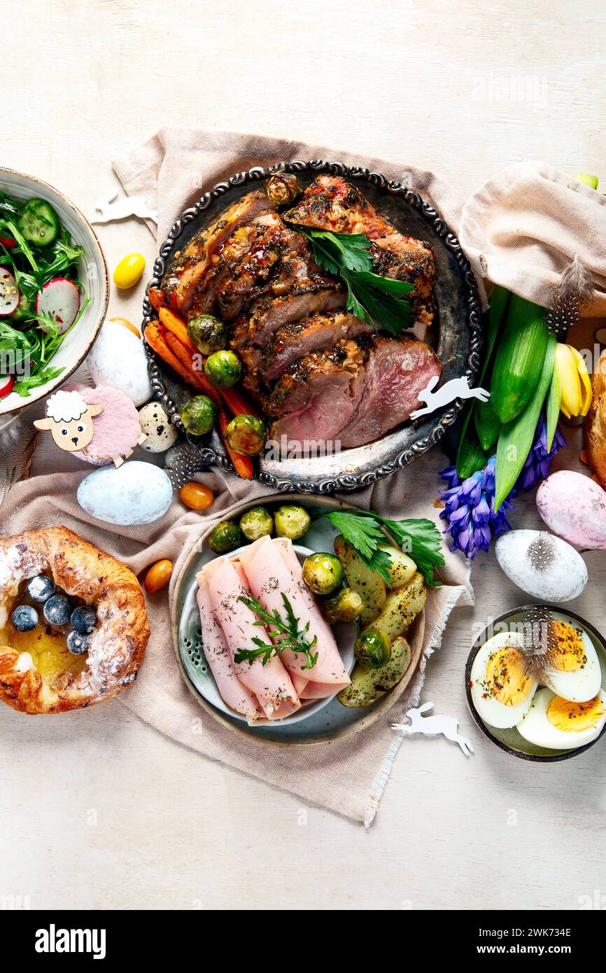 Easter dinner. Traditional food. Family spring event. Top view Stock Photo