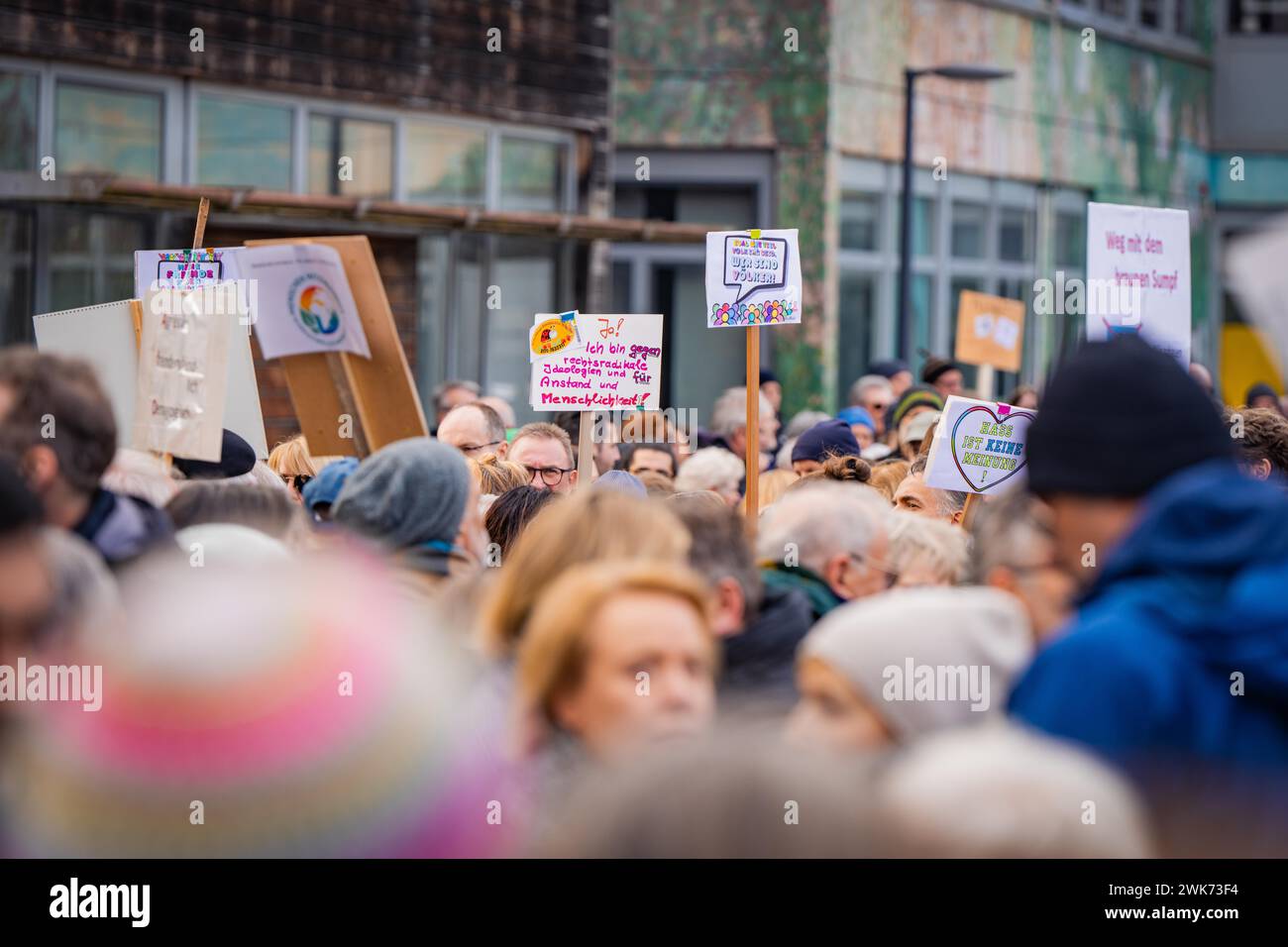Demonstrators with colourful signs representing different opinions, demonstration against the right, Nagold, Black Forest, Germany Stock Photo