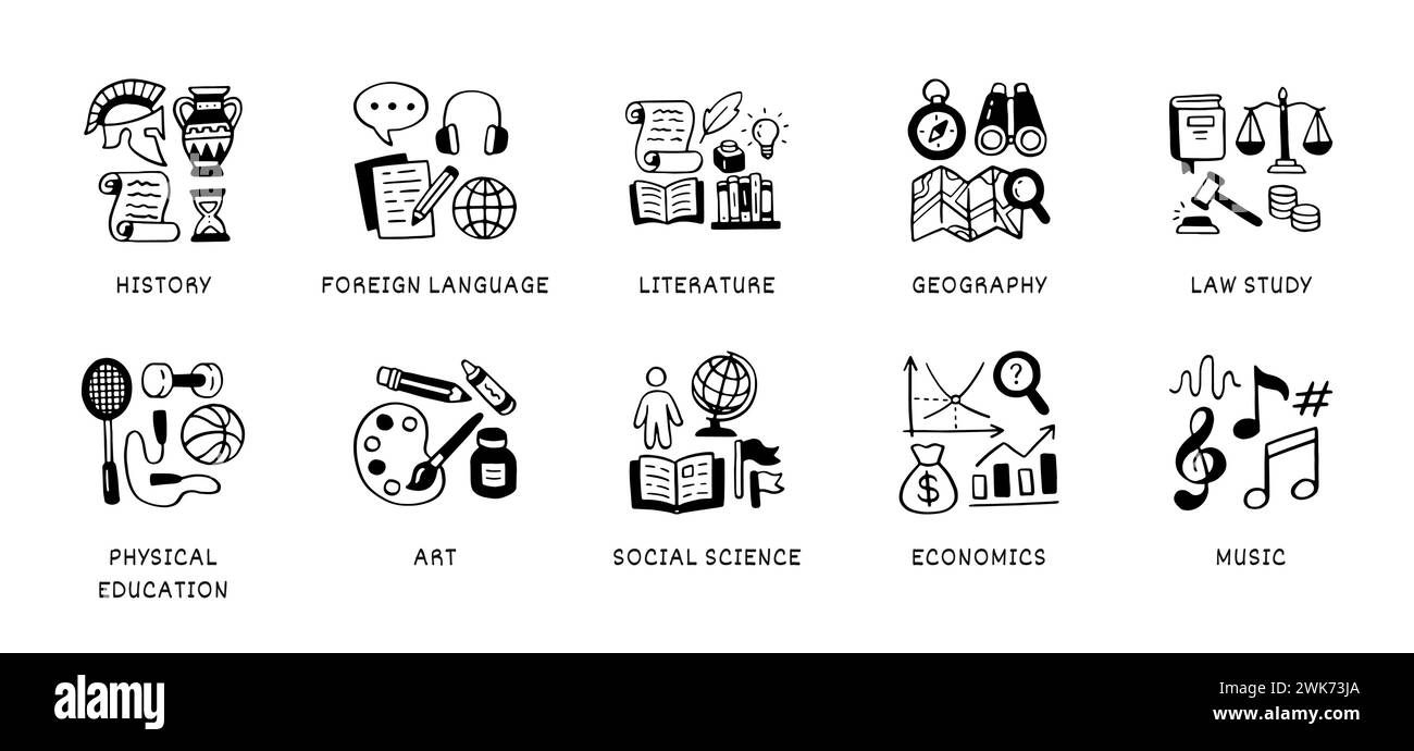 Humanitarian sciences doodle icon set. School subjects - history, language, literature, geography, physical education line hand drawn illustrations Stock Vector