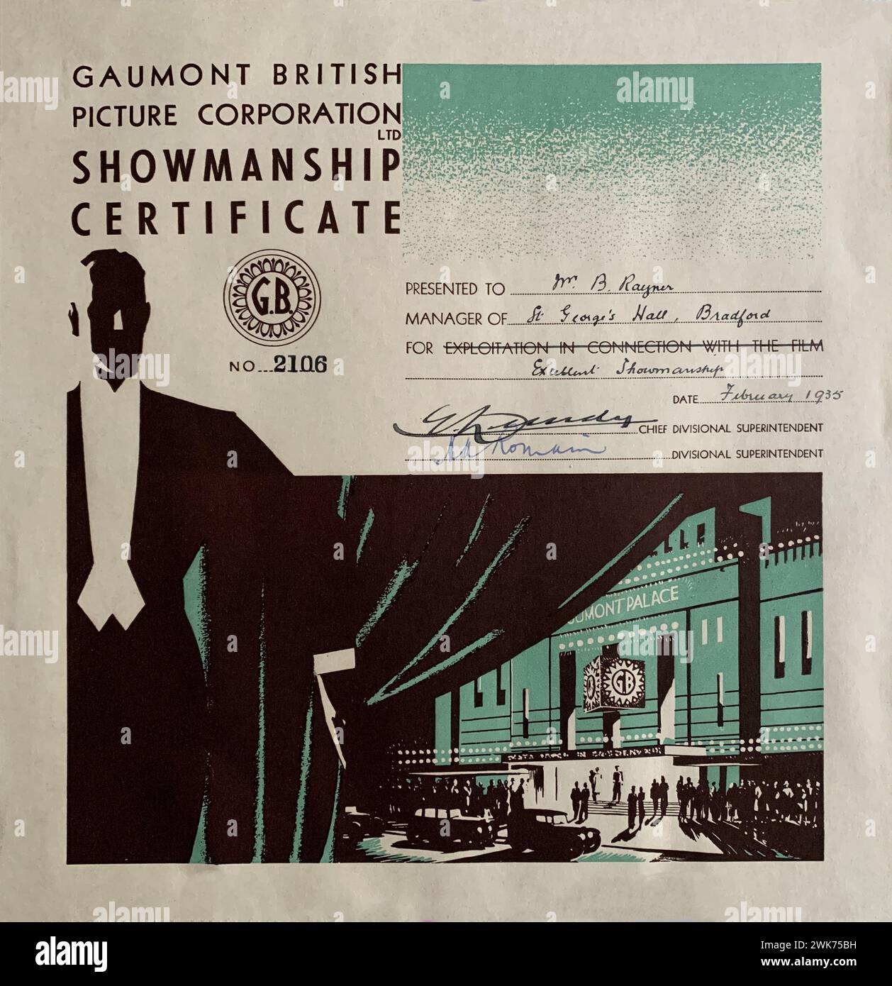 GAUMONT BRITISH PICTURE CORPORATION SHOWMANSHIP CERTIFICATE presented in February 1935 to Mr. B. Raynes Manager of St. George's Hall, Bradford for Excellent Showmanship Stock Photo