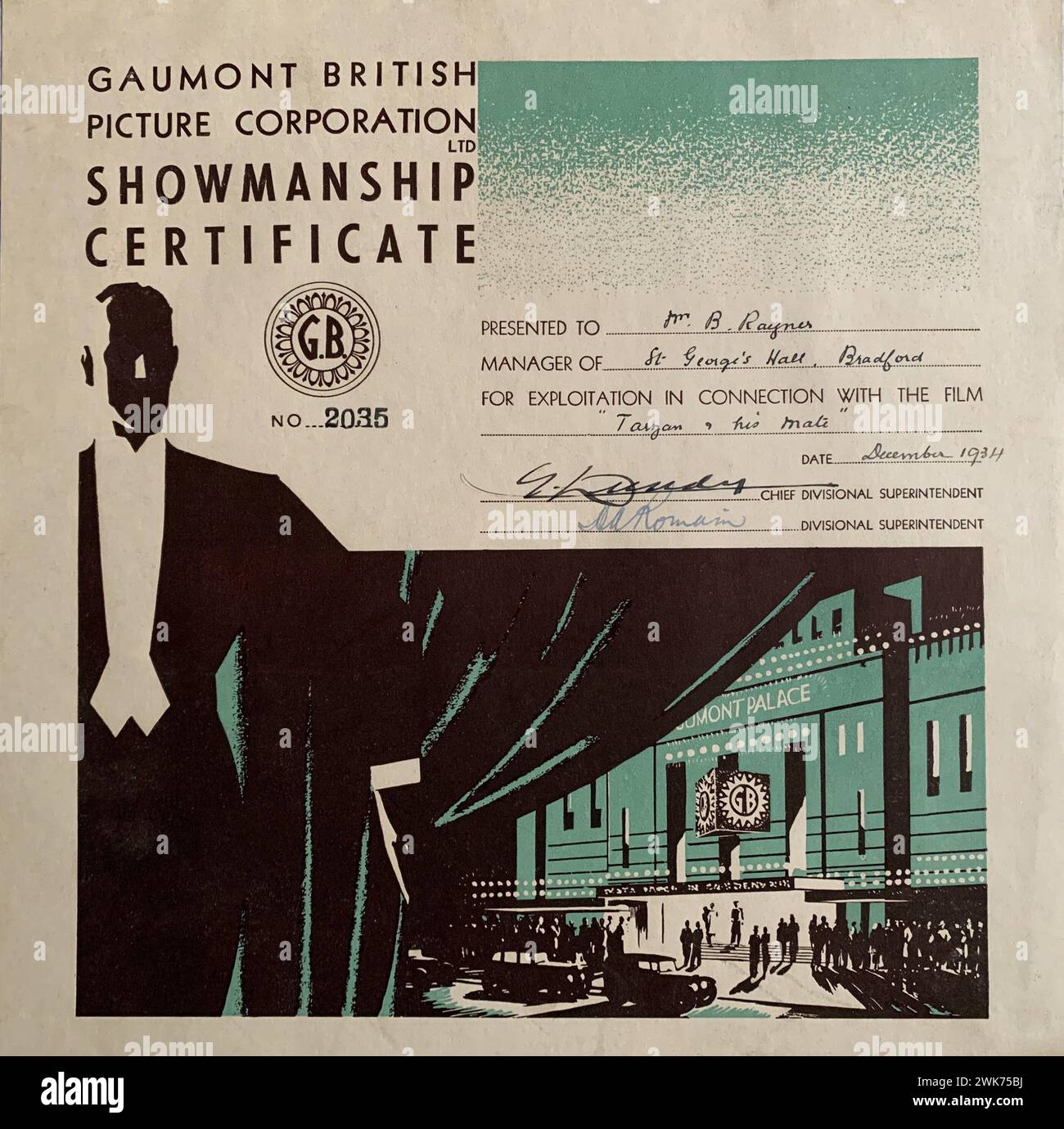 GAUMONT BRITISH PICTURE CORPORATION SHOWMANSHIP CERTIFICATE presented in December 1934 to Mr. B. Raynes Manager of St. George's Hall, Bradford for Exploitation in connection with the film TARZAN AND HIS MATE 1934 with Johnny Weissmuller and Maureen O'Sullivan Stock Photo