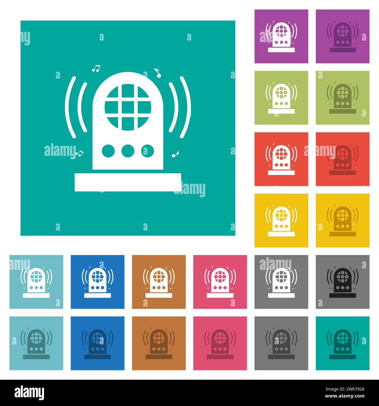 Jukebox multi colored flat icons on plain square backgrounds. Included white and darker icon variations for hover or active effects. Stock Vector