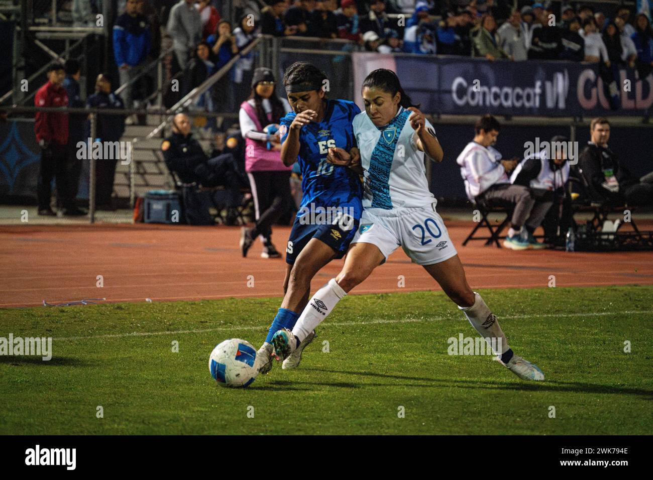 Guatemala defender Ana Martinez (20) defends against El Salvador forward Brenda Ceren (10) during CONCACAF Women’s Gold Cup preliminary match, Saturda Stock Photo