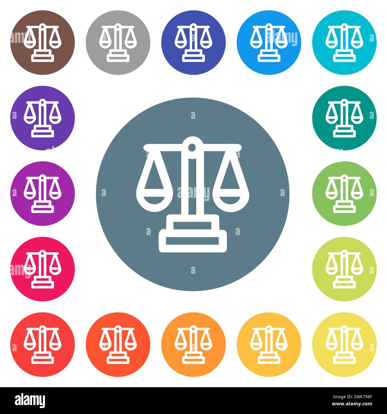 Justice scale outline flat white icons on round color backgrounds. 17