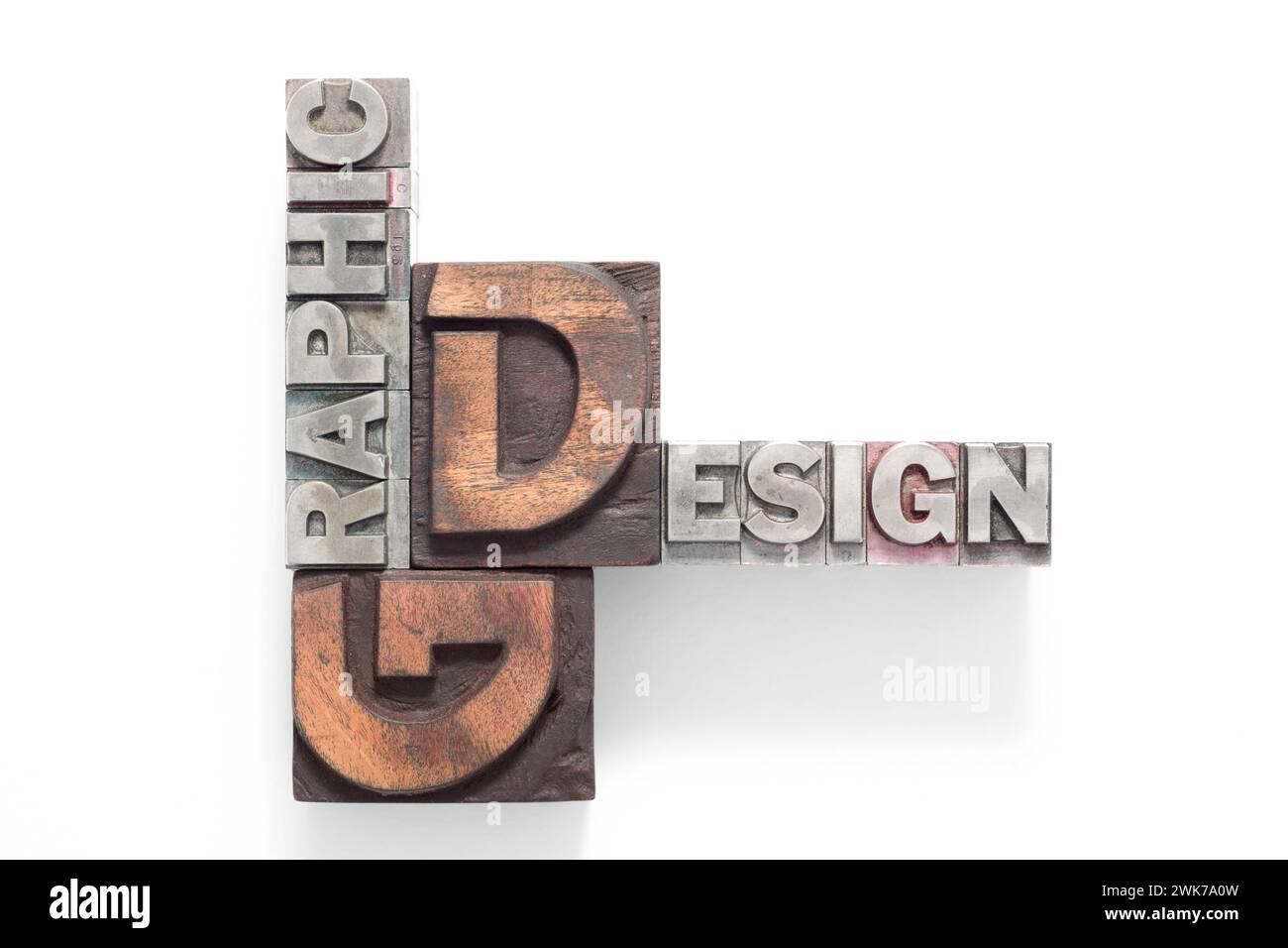 Graphic Design logo made from vintage letterpress blocks Stock Photo