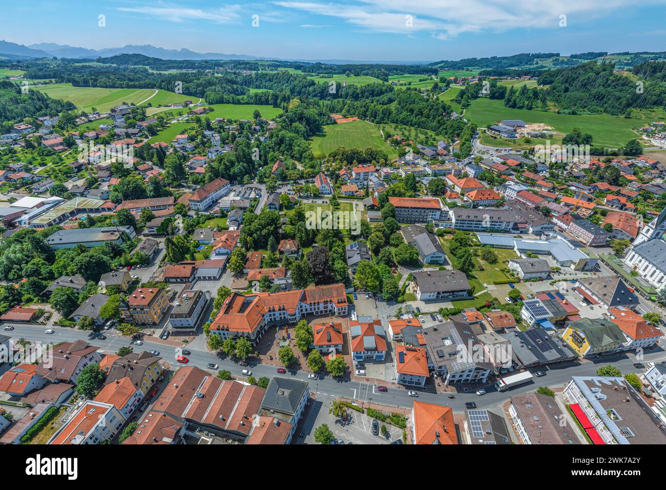 The municipality of Prien am Chiemsee in the Upper Bavarian Chiemgau region from above Stock Photo