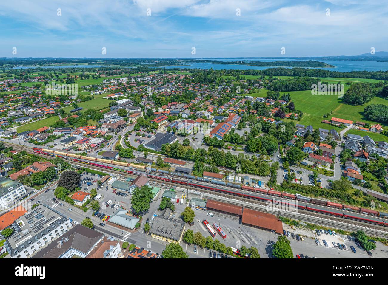 The municipality of Prien am Chiemsee in the Upper Bavarian Chiemgau region from above Stock Photo