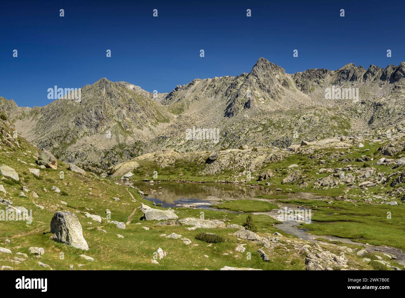 Peguera Valley seen from the Estany Gran de Peguera lake (Aigüestortes i Estany de Sant Maurici National Park, Catalonia, Spain, Pyrenees) Stock Photo