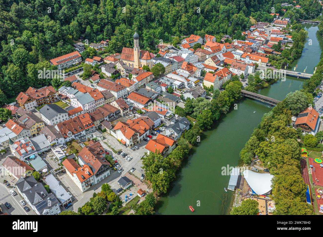 View of the Upper Bavarian town of Wolfratshausen on the Loisach and ...