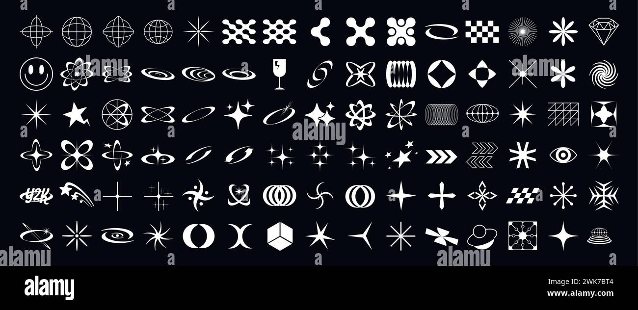 Retro Y2K futuristic elements vector graphic assets set. Bold modern shapes object in Y2K style. Stock Vector