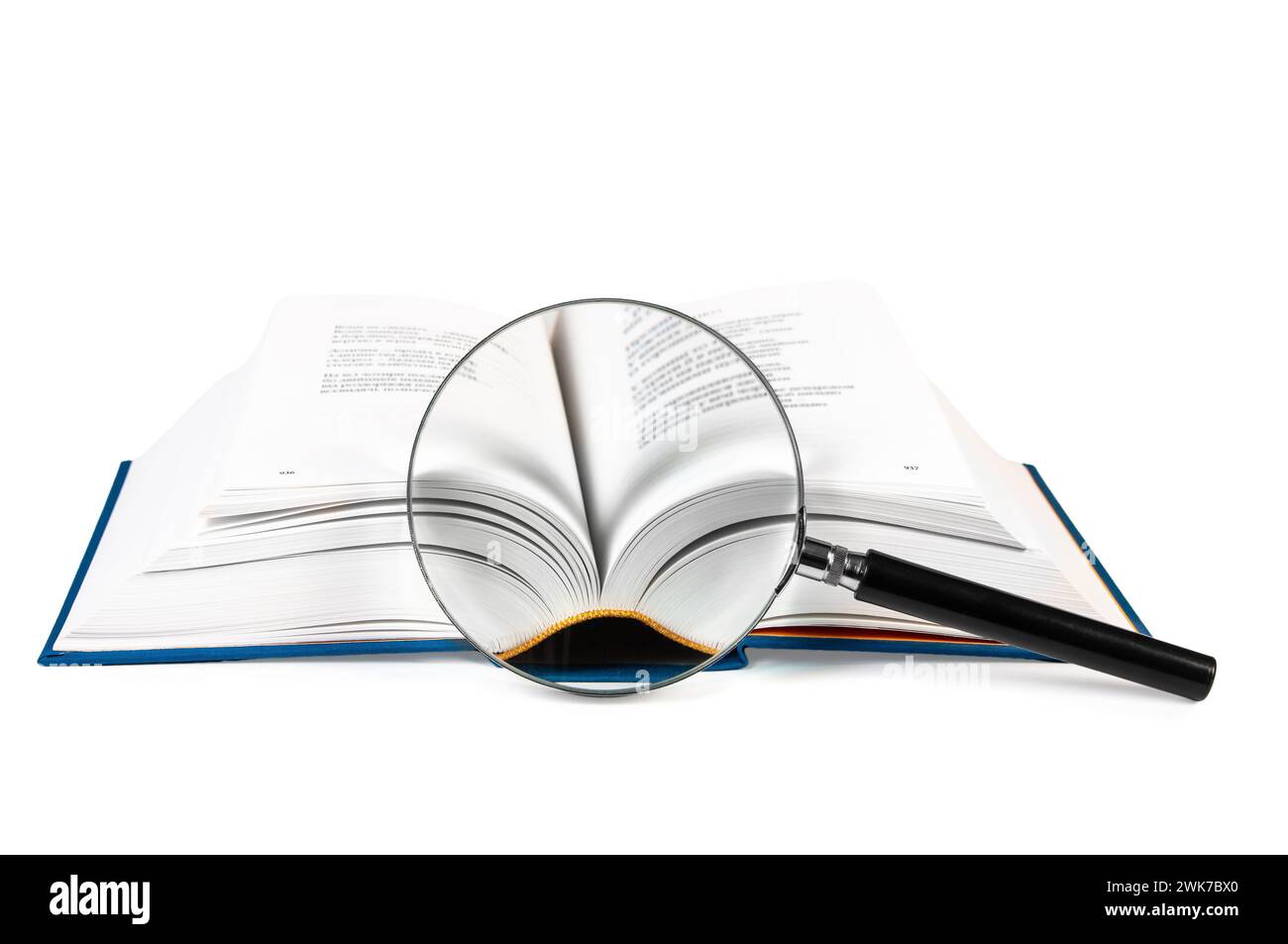 open book and magnifying glass isolated on white background Stock Photo ...
