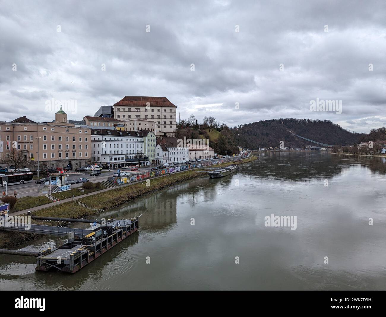 The Boats on river with buildings on shore: Linz, Austria Stock Photo ...