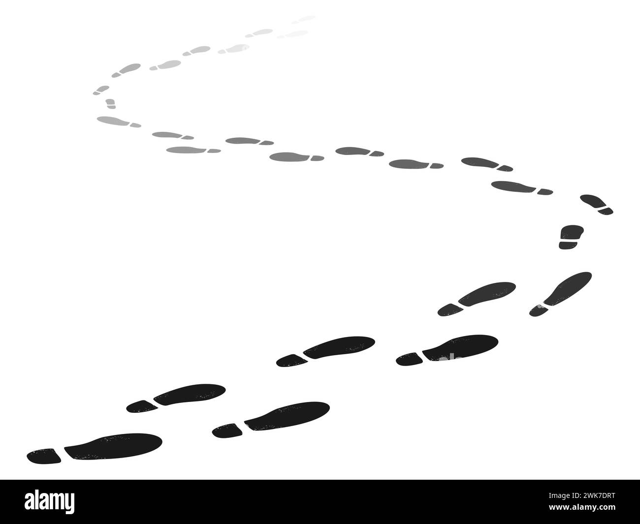 Path of shoe tracks. Walking away footsteps. Foot stamps moving beyond horizon. Soles steps going perspective. Boots footprints. Footwear black imprin Stock Vector