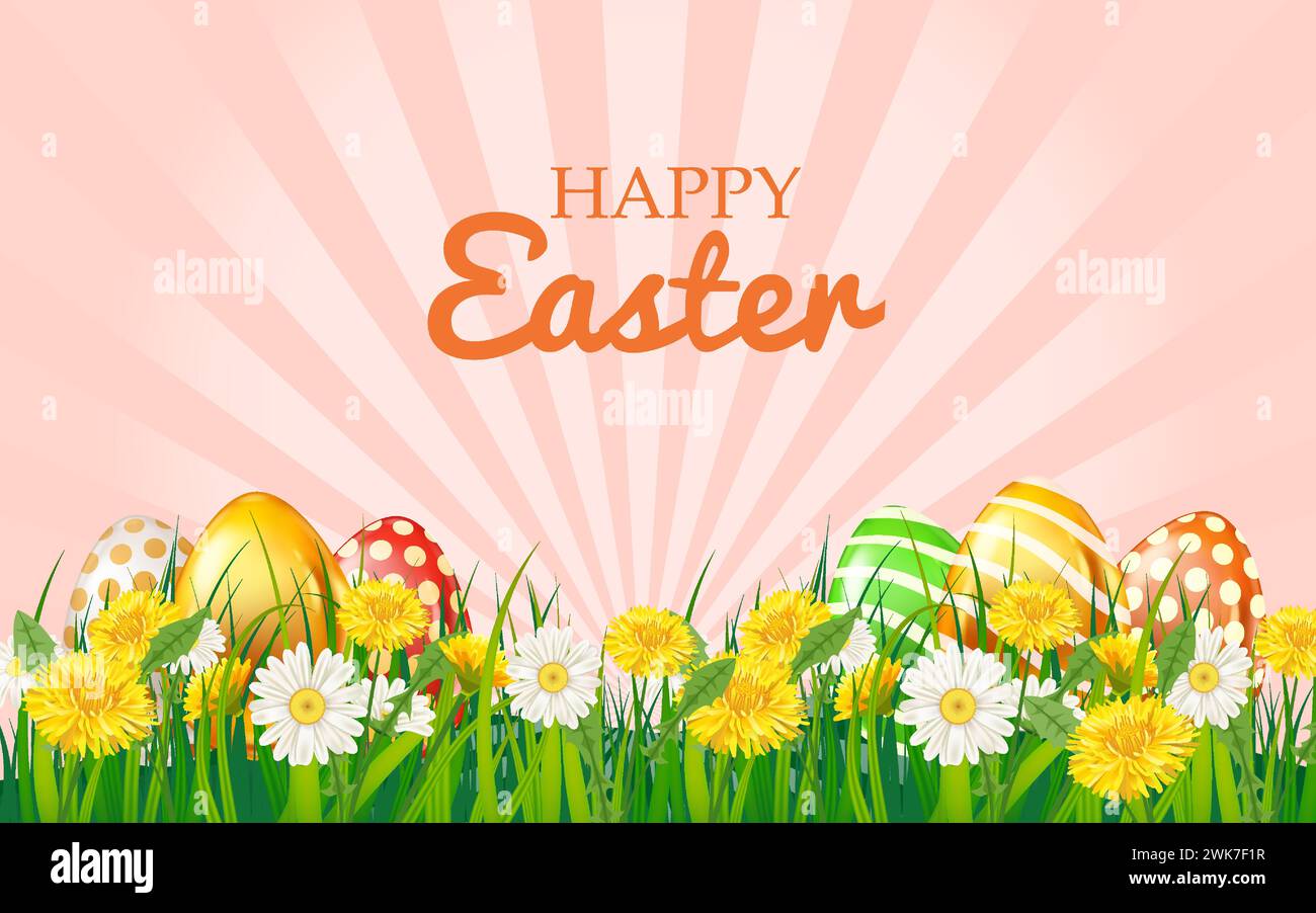 Easter eggs colored, green grass daisy and dandelion Stock Vector