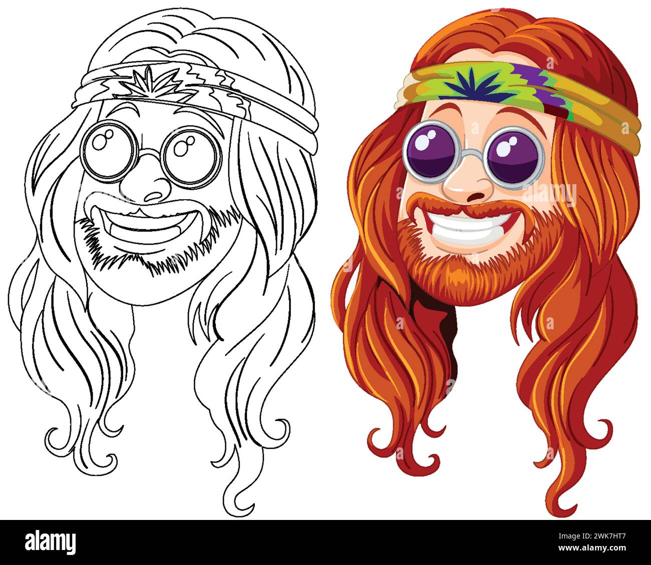 Black and white and colored hippie character faces Stock Vector