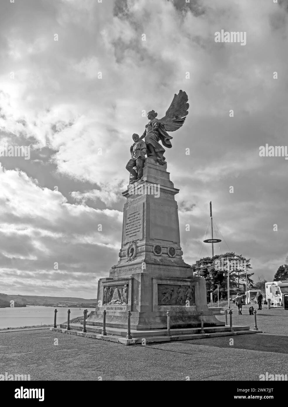 The sculpture by Albert H Hodge at the top of the Scott Memorial at Mount Wise in Devonport. Seen showing the north and east faces. Upright monochrome Stock Photo