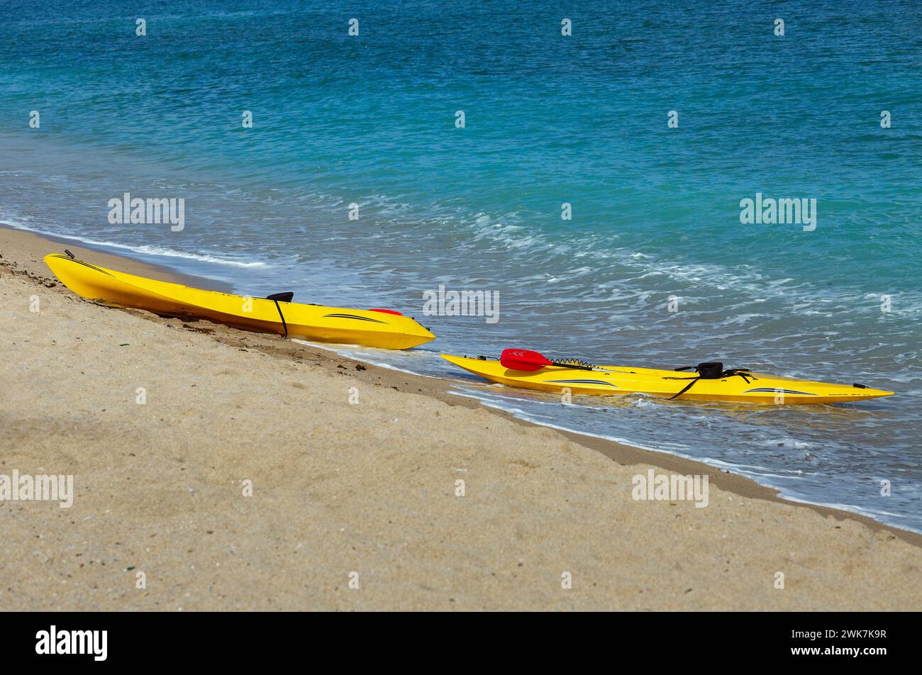 two yellow kayaks on the Mediterranean coast in Israel Stock Photo