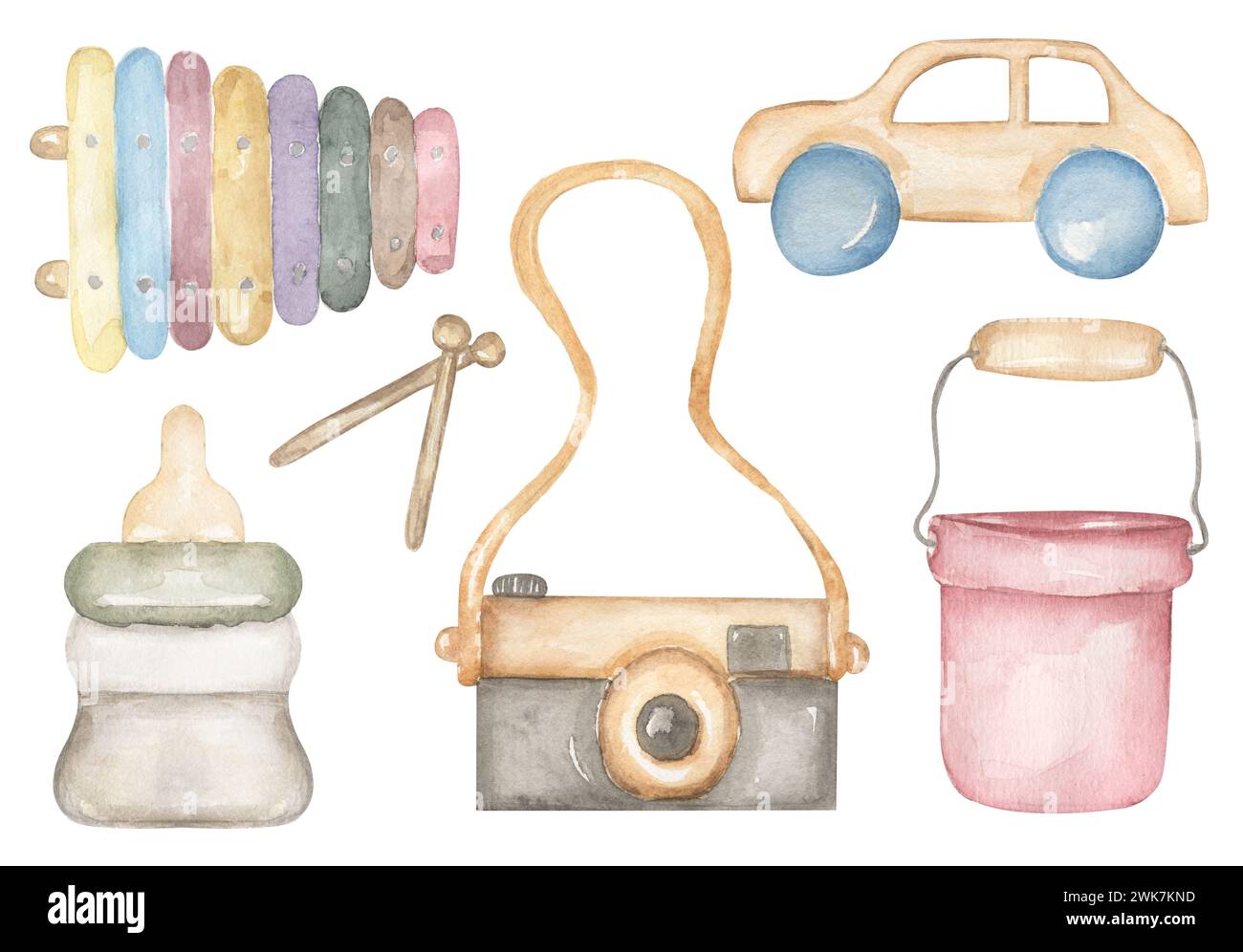 Baby Toys Clipart set, Watercolor Kids camera, bucket, wooden car, baby bottle and xylafon illustration, Vintage Nursery Eco toys clip art, Newborn To Stock Photo