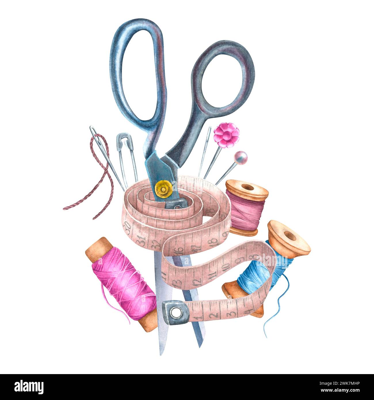 Iron scissors with spools of thread, measuring tape, needles, safety ...
