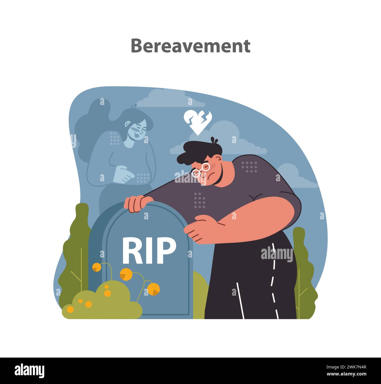 Bereavement portrayal. A poignant tribute to a lost spouse, enveloped in memories and sorrow. Flat vector illustration. Stock Vector