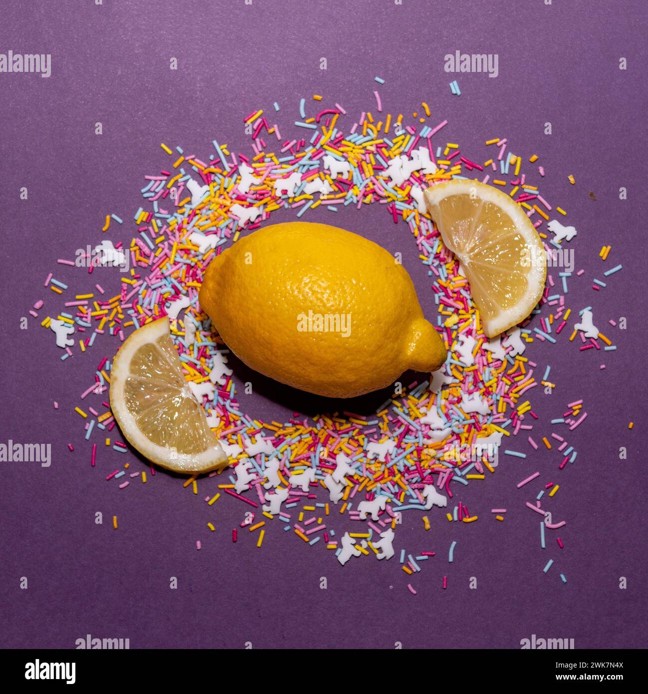 lemon and sprinkles creative layout. Food photography. Studio shot. Stock Photo