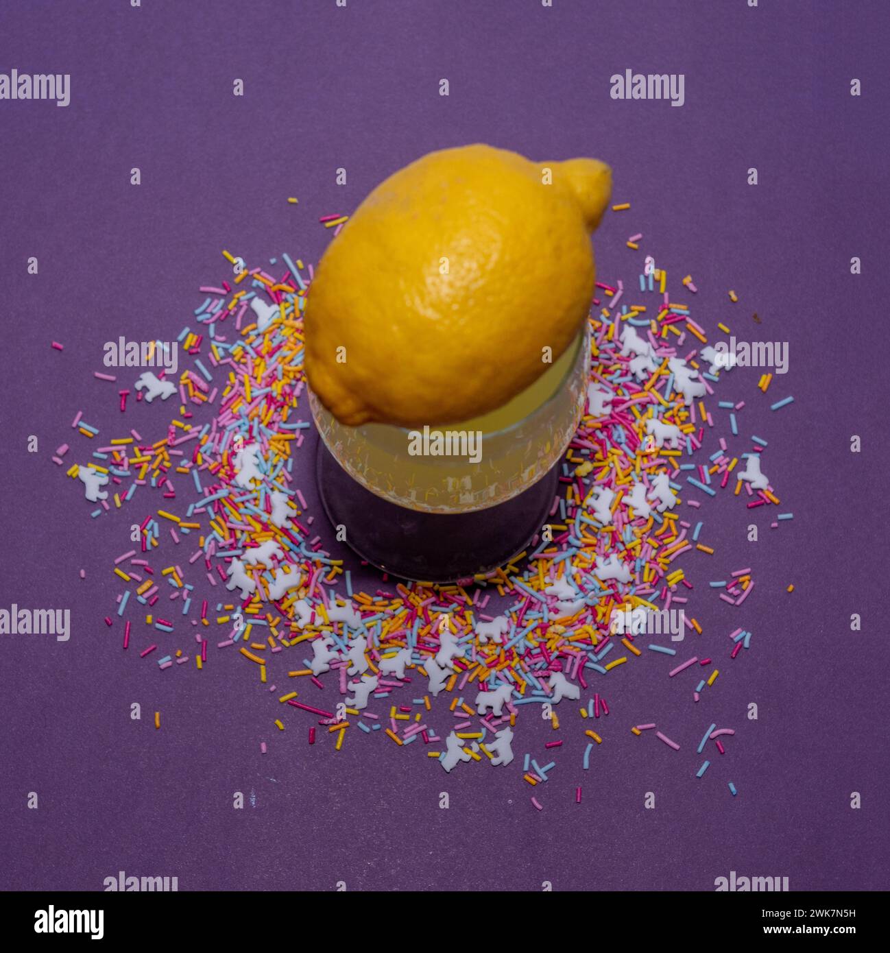 lemon, lemonade and sprinkles creative layout. Food photography. Studio shot. Stock Photo