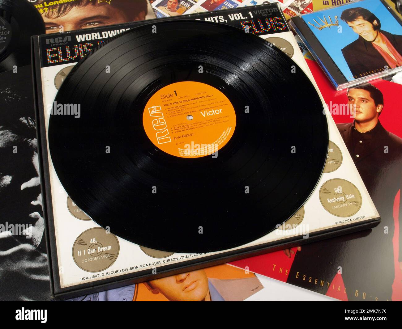 Music Exhibition - Elvis Presley Number One HITS Cover with Vinyl Record with Pictures; King of Rock and Roll Stock Photo