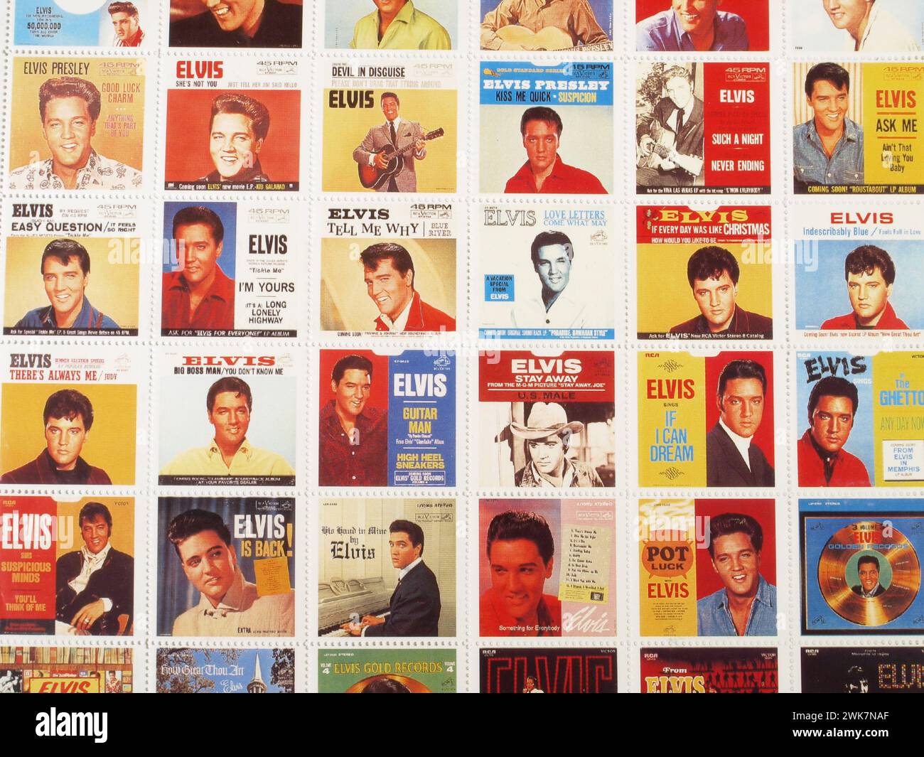Music Exhibition - Elvis Presley Stamps with Pictures; King of Rock and Roll Stock Photo