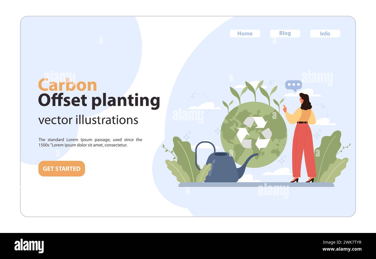 Carbon Offset Planting concept. Woman nurtures Earth with recycling symbol, surrounded by plants. Active role in reducing carbon footprint. Flat vector illustration Stock Vector