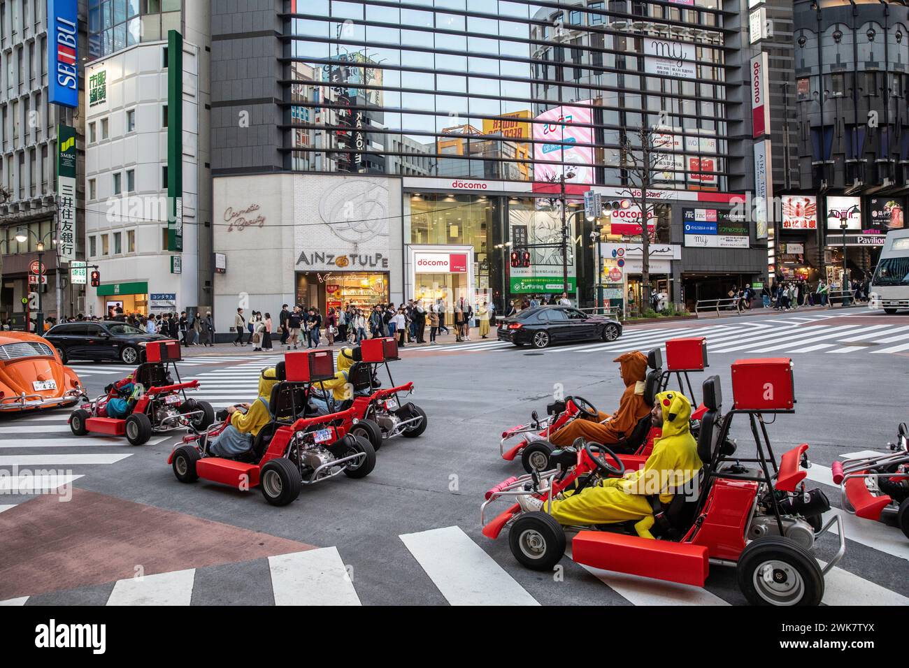 Street Kart driving tour in speed go karts on the streets of Shibuya in Tokyo, April 2023, fun and thrills, Japan,Asia Stock Photo