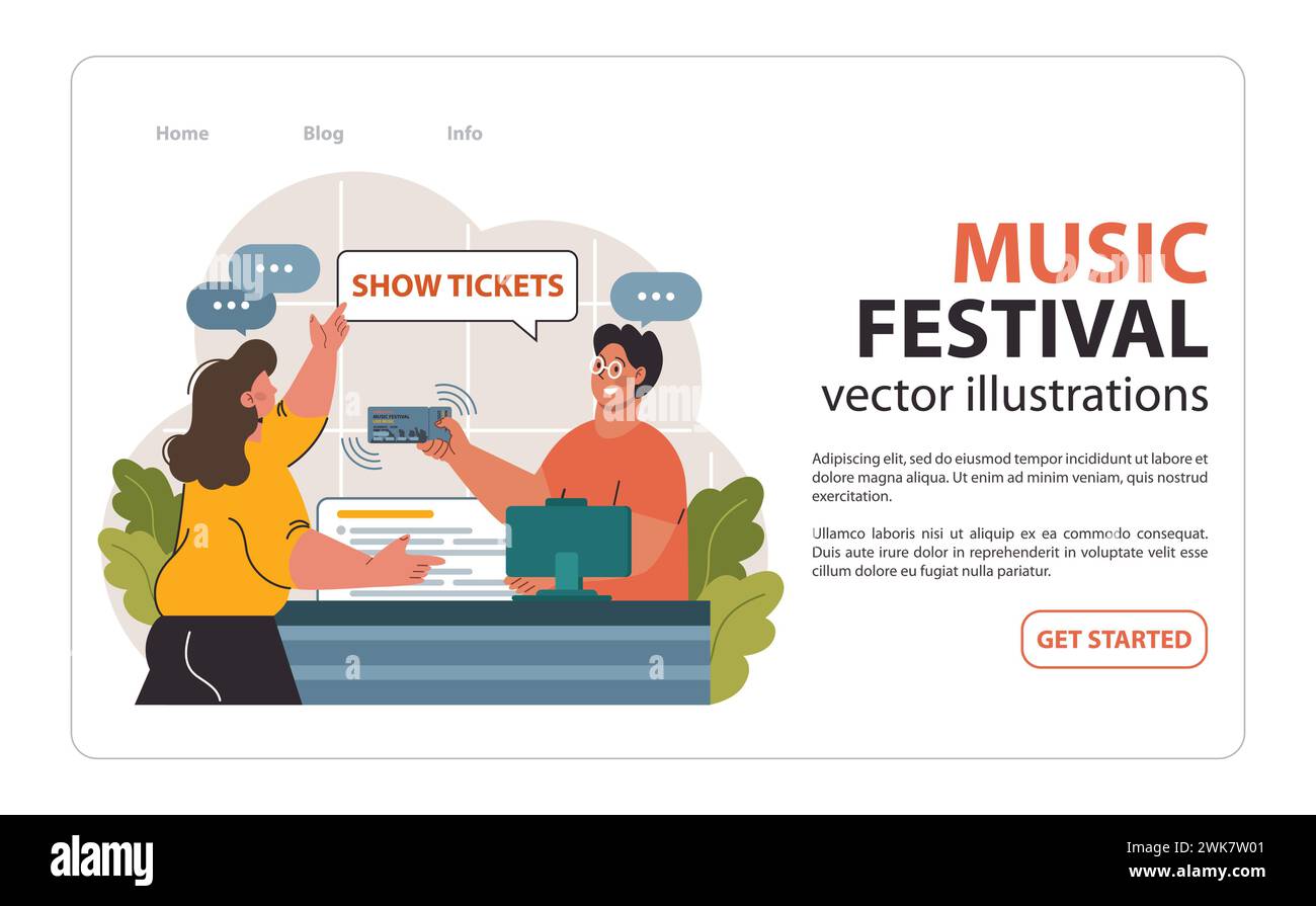 Eager concert goer purchasing music festival tickets from a cheerful vendor, anticipation and excitement palpable in their exchange. Flat vector illustration Stock Vector