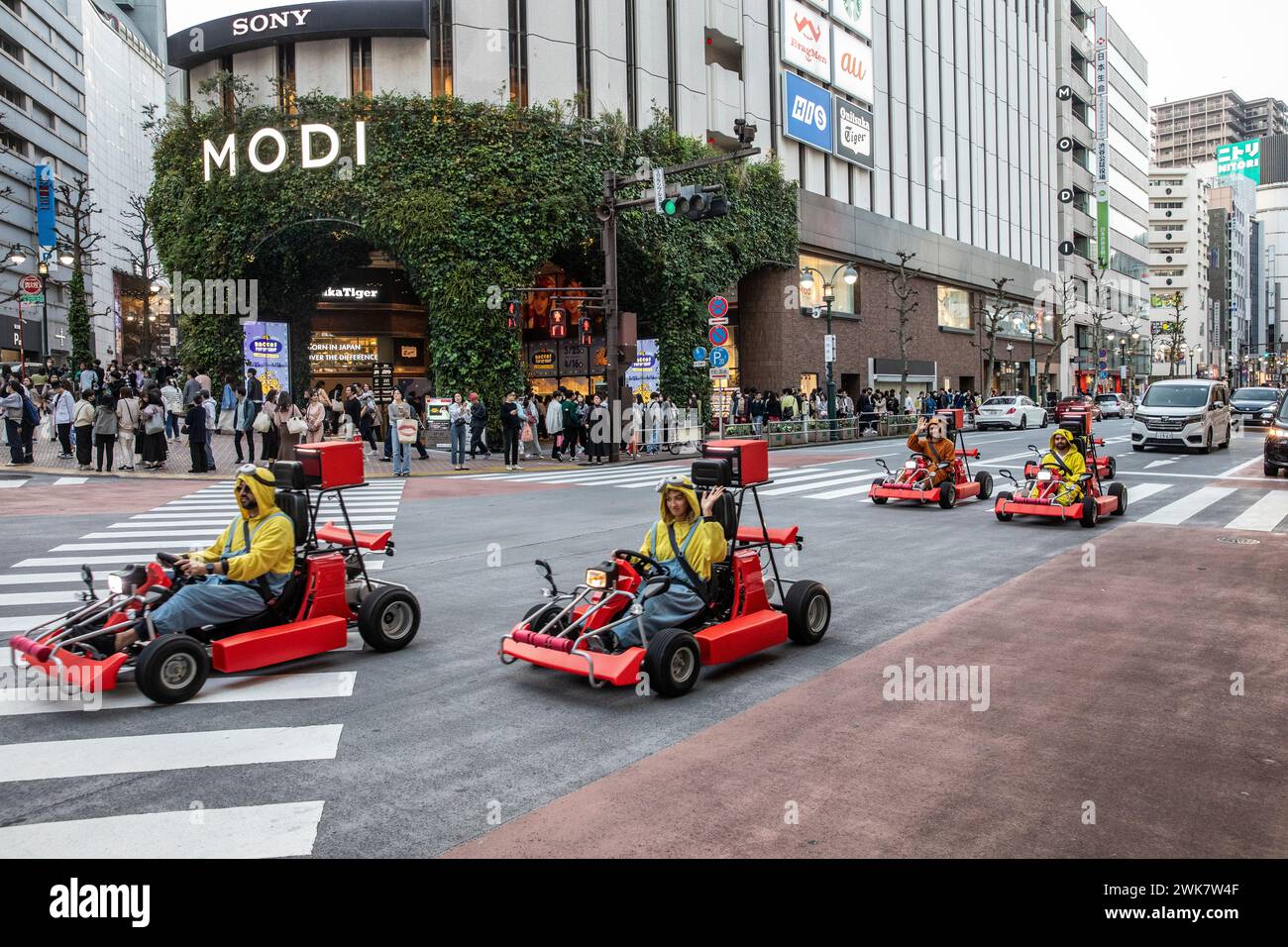Street Kart driving tour in  speed karts on the streets of Shibuya in Tokyo, April 2023, fun and thrills, Japan,Asia Stock Photo