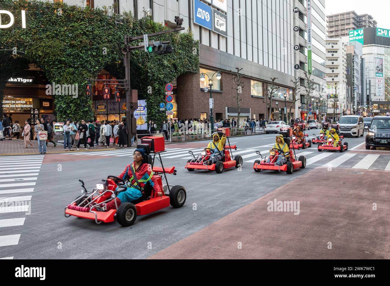 Street Kart driving tour in go speed karts on the streets of Shibuya in Tokyo, April 2023, fun and thrills, Japan,Asia Stock Photo