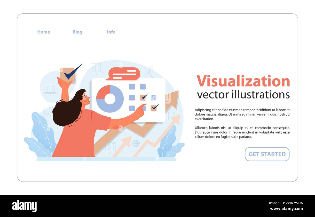 Data Visualization concept. Woman analyzing vibrant charts, pie graphs ...