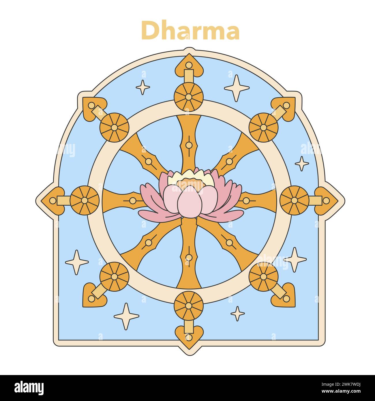 Dharma wheel illustration. Symbolic representation of Buddha's teachings and the path to enlightenment. Flat vector illustration Stock Vector