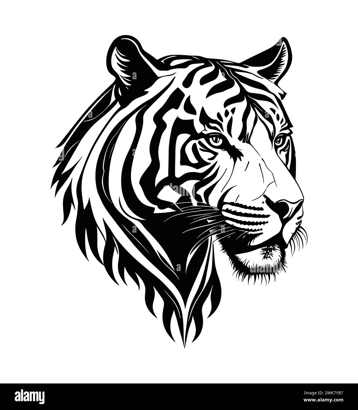 Tiger head black and white line art drawing. Stock Vector