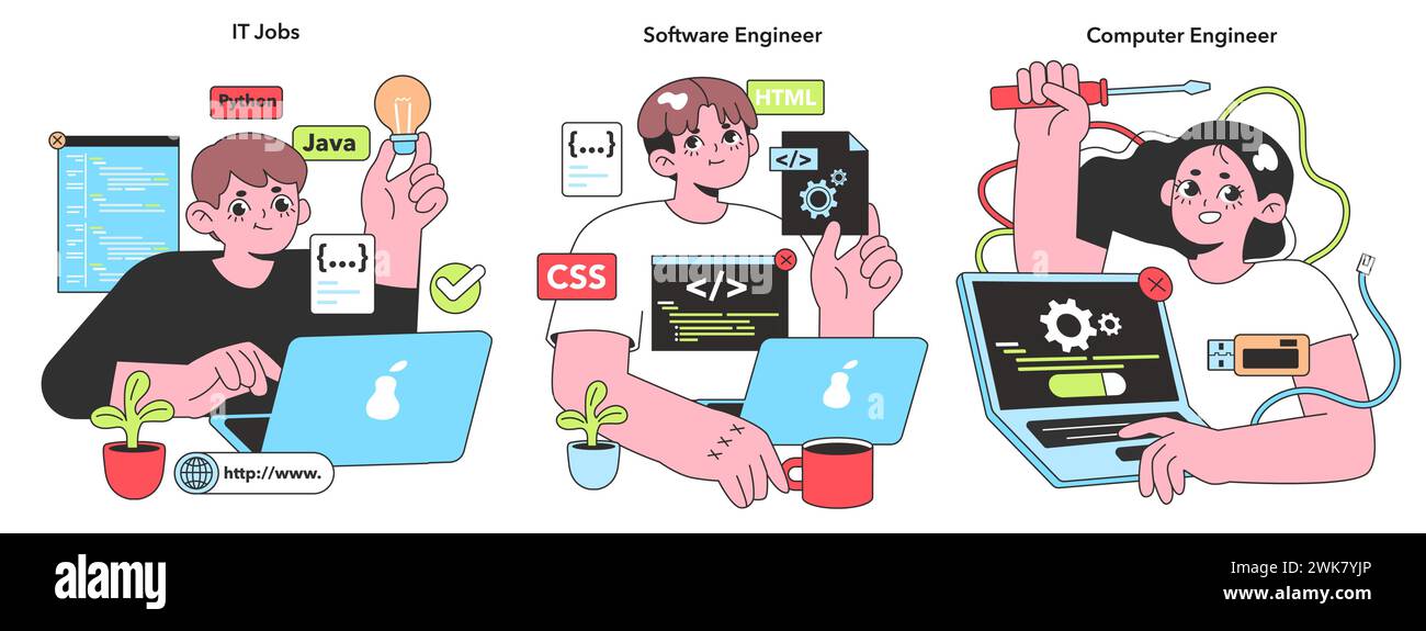 Vibrant vector illustration capturing IT professionals in their element, from coding in Python to engineering computers, embodying the spirit of tech innovation. Stock Vector
