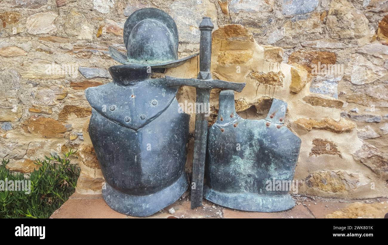 Llerena, Spain - Jun 26th, 2021: Pedro Cieza de Leon sculpture. Morion, sword and breastplate. Unknown artist, 2018 Stock Photo