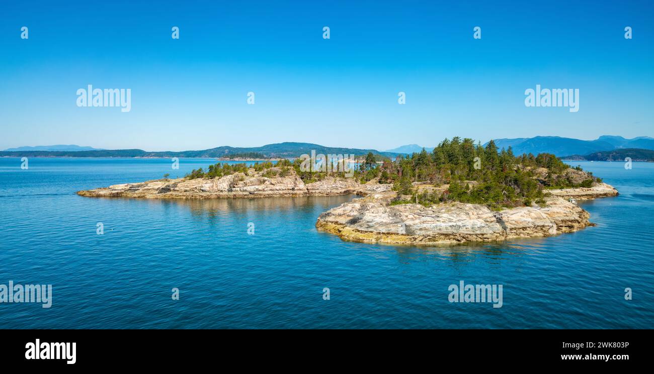 An aerial view of Rocky Island in the Strait of Georgia, Powell River, British Columbia, Canada Stock Photo