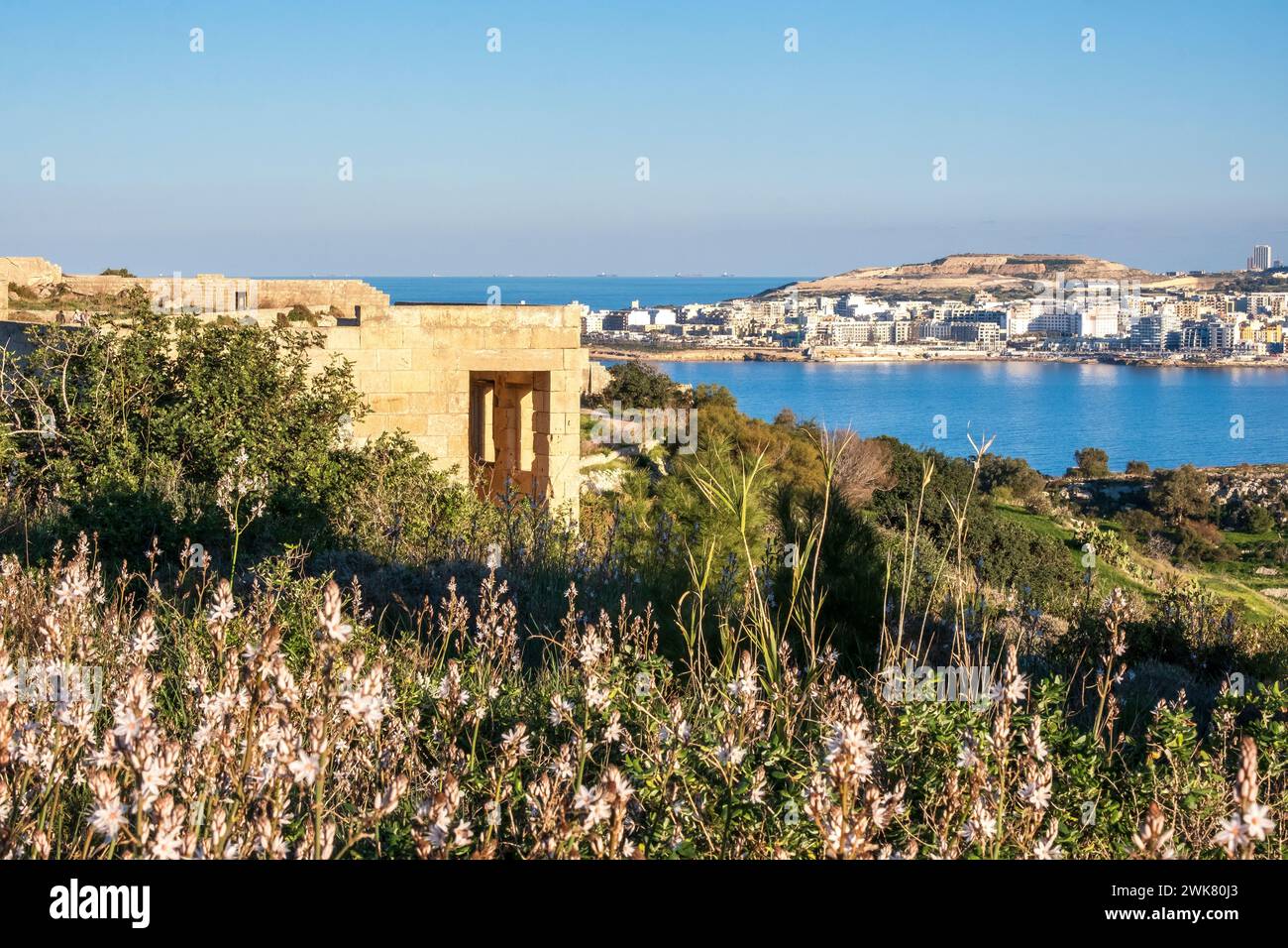 View from Fort Campbell, a World War II-era British Army battery overlooking St. Paul's Bay, Malta Stock Photo