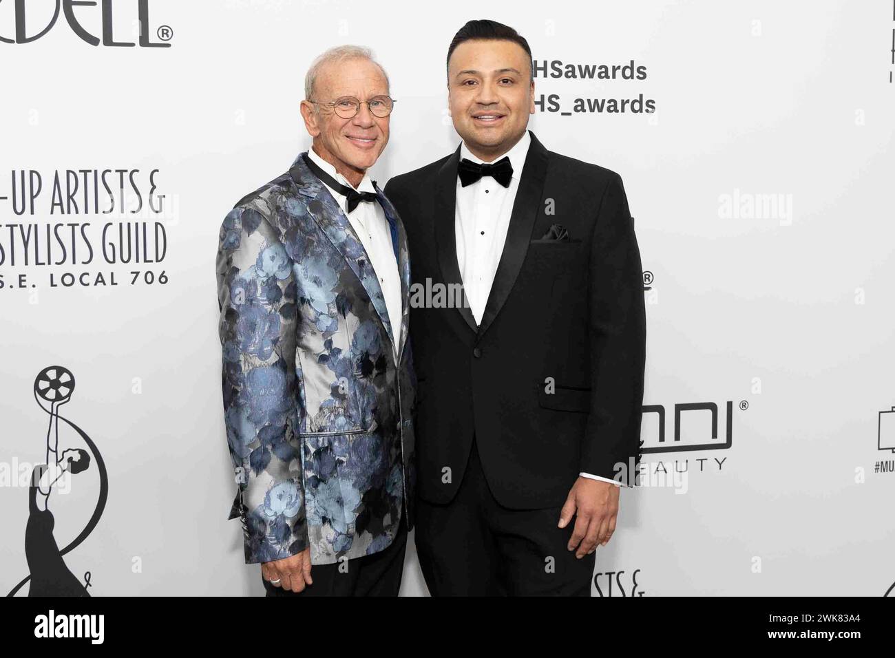 Michael Johnston and Orlando Marin attend the arrivals of the 11th Annual MUAHS Awards at The Beverly Hilton Hotel in Beverly Hills, CA on February 18, 2024. (Photo by Corine Solberg/SipaUSA) Stock Photo