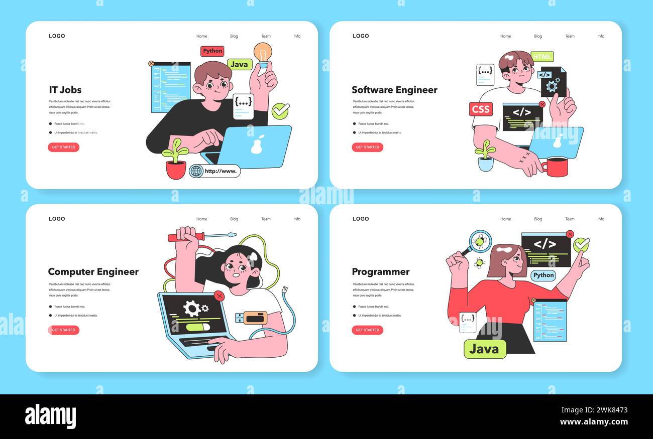 A creative and informative layout featuring vector illustrations of IT professionals: a resourceful IT Job Seeker, an innovative Software Engineer, a focused Computer Engineer, and a detail-oriented Stock Vector