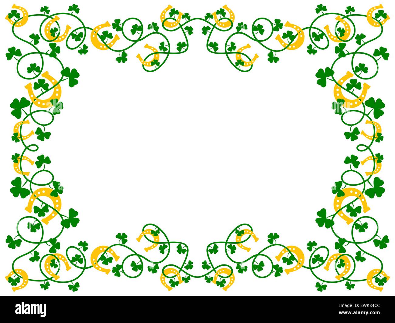 Frame with green clover leaves and horseshoes for St. Patrick's Day. Border with shamrocks and horseshoes on white background. Design for greeting car Stock Vector