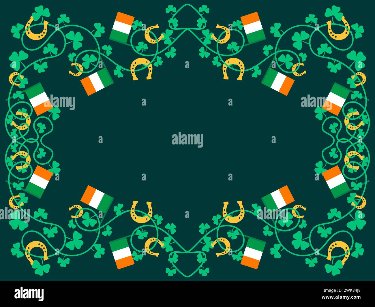 Frame with green clover leaves, Irish flags and horseshoes for St. Patrick's Day. Border with shamrock, horseshoe and Irish flag. Design for greeting Stock Vector