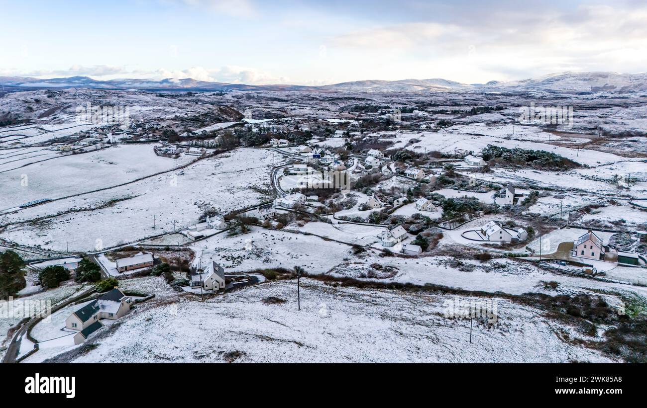 Aerial view of snow covered Bunaninver and Lackagh by Portnoo in County Donegal, Ireland Stock Photo
