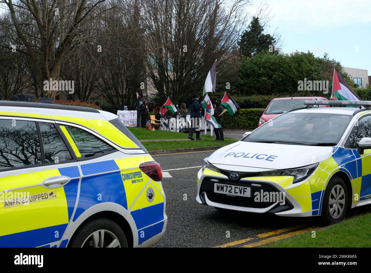 Aztec West Business Park, Bristol, UK. 19th Feb, 2024. Pro Palestine protestors from Extinction Rebellion Wales set up a peace picket at the Bristol factory of the Israeli defence contractor Elbit Systems UK. Elbit is an international company which originated in Israel. There is a Police presence at this good-natured picket. Credit: JMF News/Alamy Live News Stock Photo