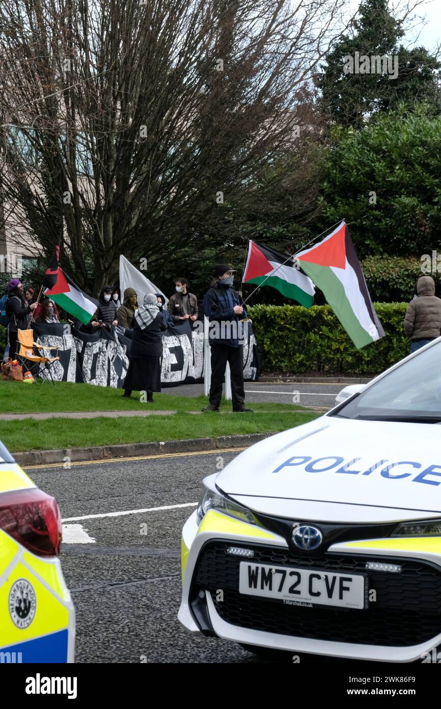 Aztec West Business Park, Bristol, UK. 19th Feb, 2024. Pro Palestine protestors from Extinction Rebellion Wales set up a peace picket at the Bristol factory of the Israeli defence contractor Elbit Systems UK. Elbit is an international company which originated in Israel. There is a Police presence at this good-natured picket. Credit: JMF News/Alamy Live News Stock Photo